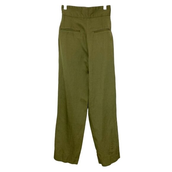 SANDRO OLIVE GREEN LINEN BLEND HIGH RISE STRAIGHT LEG PLEATED TROUSER - 0 - Picture 2 of 9